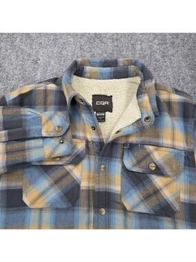 CQR Shirt Jacket Mens Small Blue Yellow Plaid Sherpa Lined Flannel Heavyweight